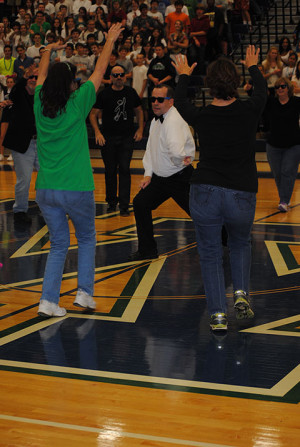 Tony Rochon, Calculus teacher, dancing to Gangnam Style with fellow back-up dancers and teachers. Photo credit to Vista Staff