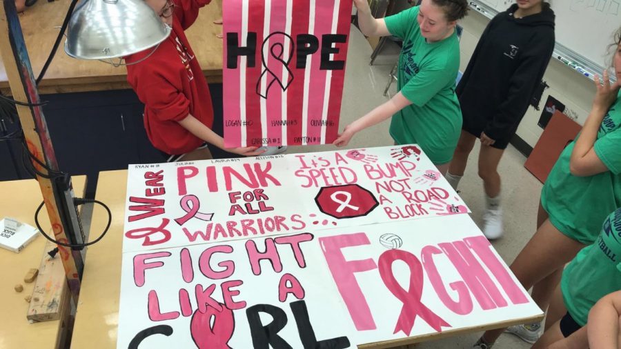 Woodgrove volleyball players get together to create posters for their annual Dig Pink game against Loudoun Valley.