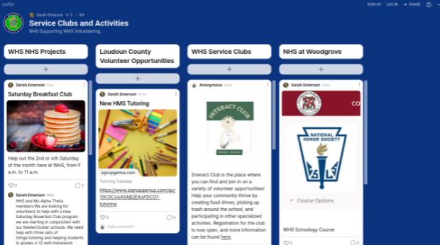 Image of the NHS Padlet with service opportunities