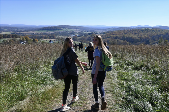 Seniors, Jenna Slepetz and Lindsey Somers on the “Sky Meadows” hike in Outdoor Ed.