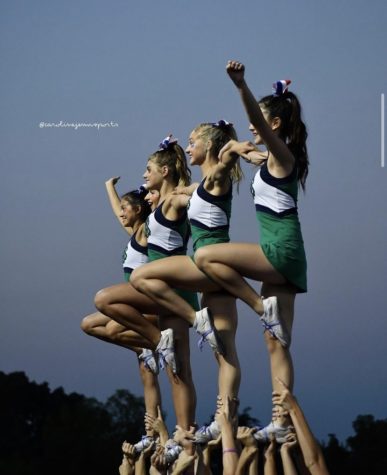 Woodgrove cheerleaders cheering at a football game. Photo taken by @carolinejennsports.