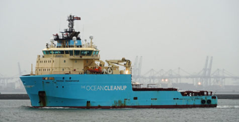 An Ocean Cleanup vessel, one of many that tow “floaters” to collect garbage in the Great Pacific Garbage Patch.