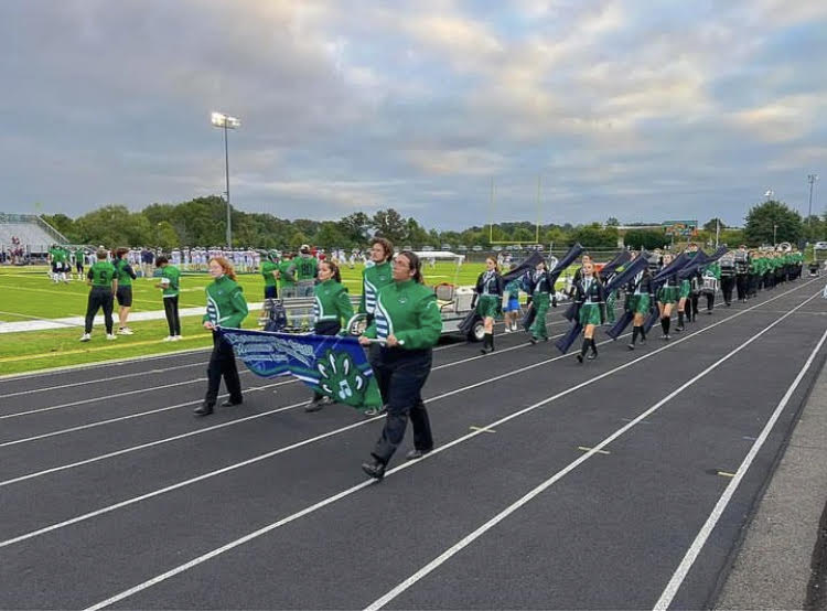 A photo taken before the marching band’s performance at the Woodgrove vs. Riverside football game on September 29, 2023. Photo provided by The Woodgrove Wolverines Marching Band.