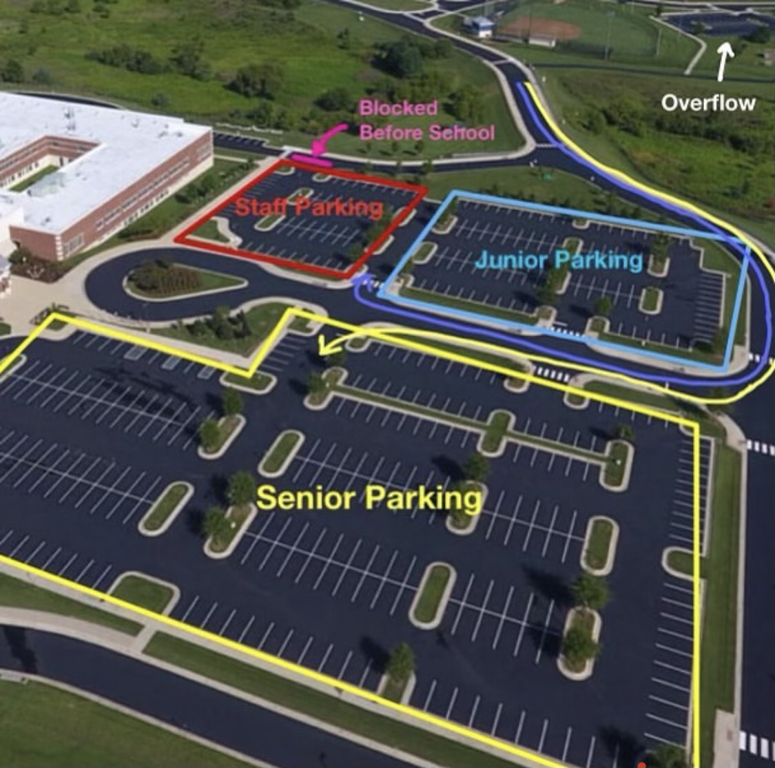 Woodgrove High School’s three parking lots. Photo provided by Mr. Jeff Schutte.