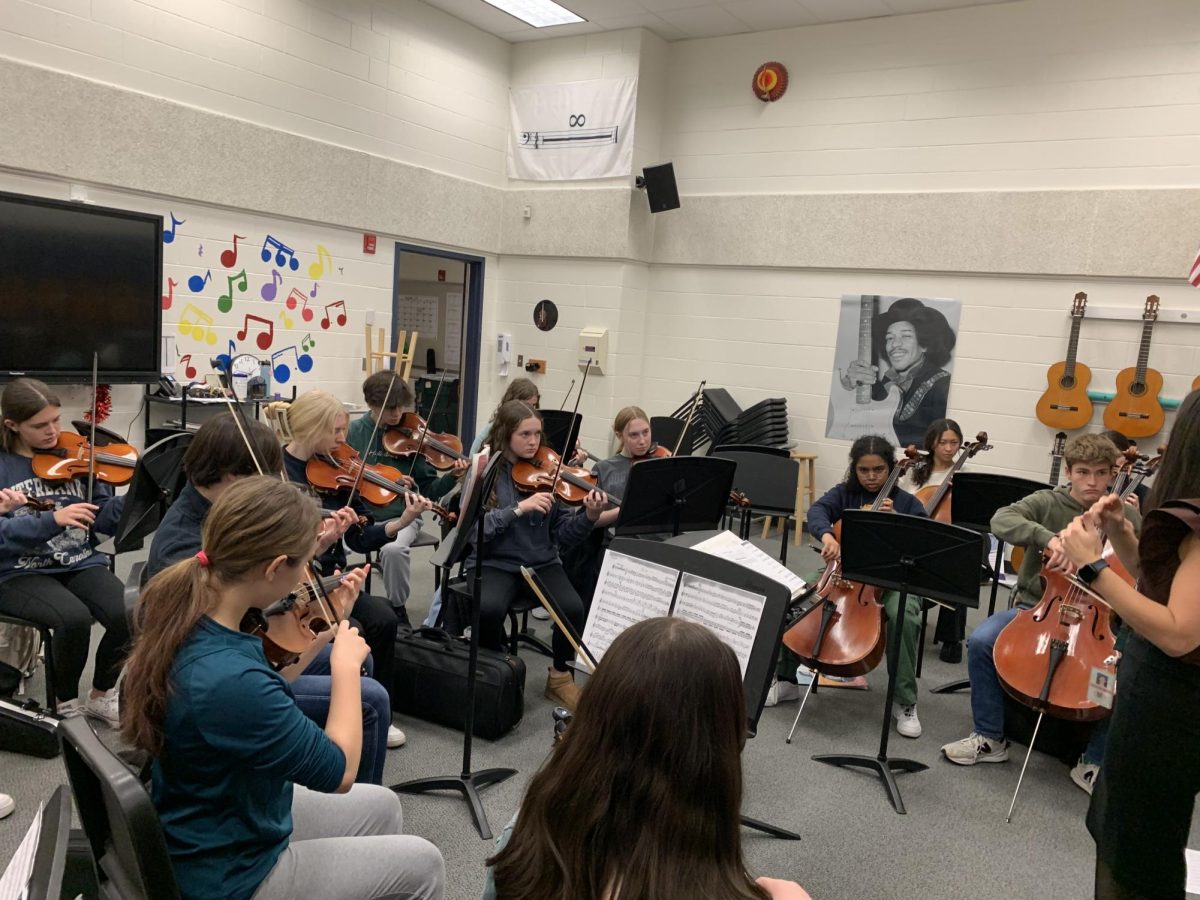 Mrs. Oakley warms up the Symphonic Orchestra with scales. Photo provided by