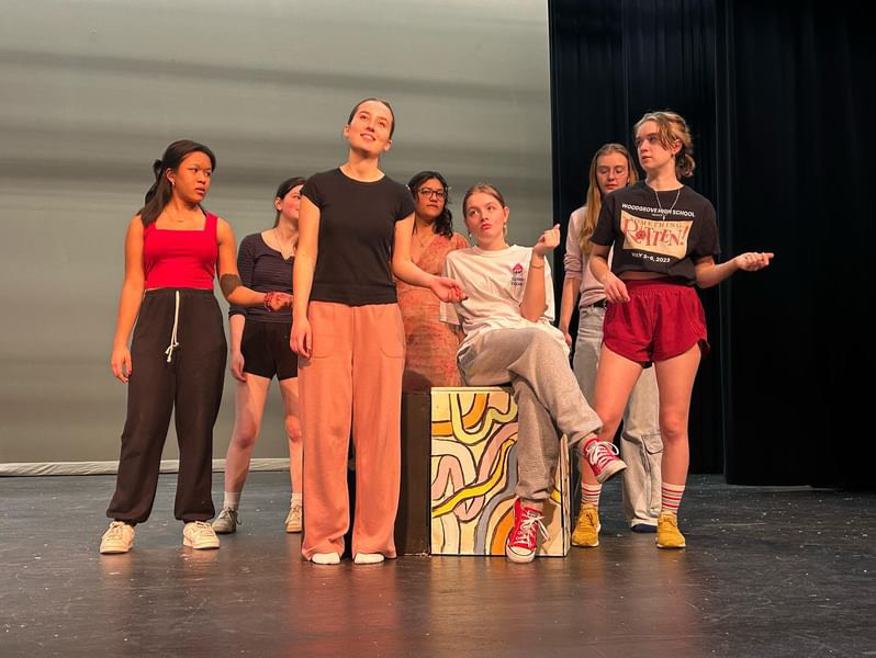 Woodgrove actors working hard on choreography and blocking for the song “Summer Nights.” Photo provided by Zoe Carter. 