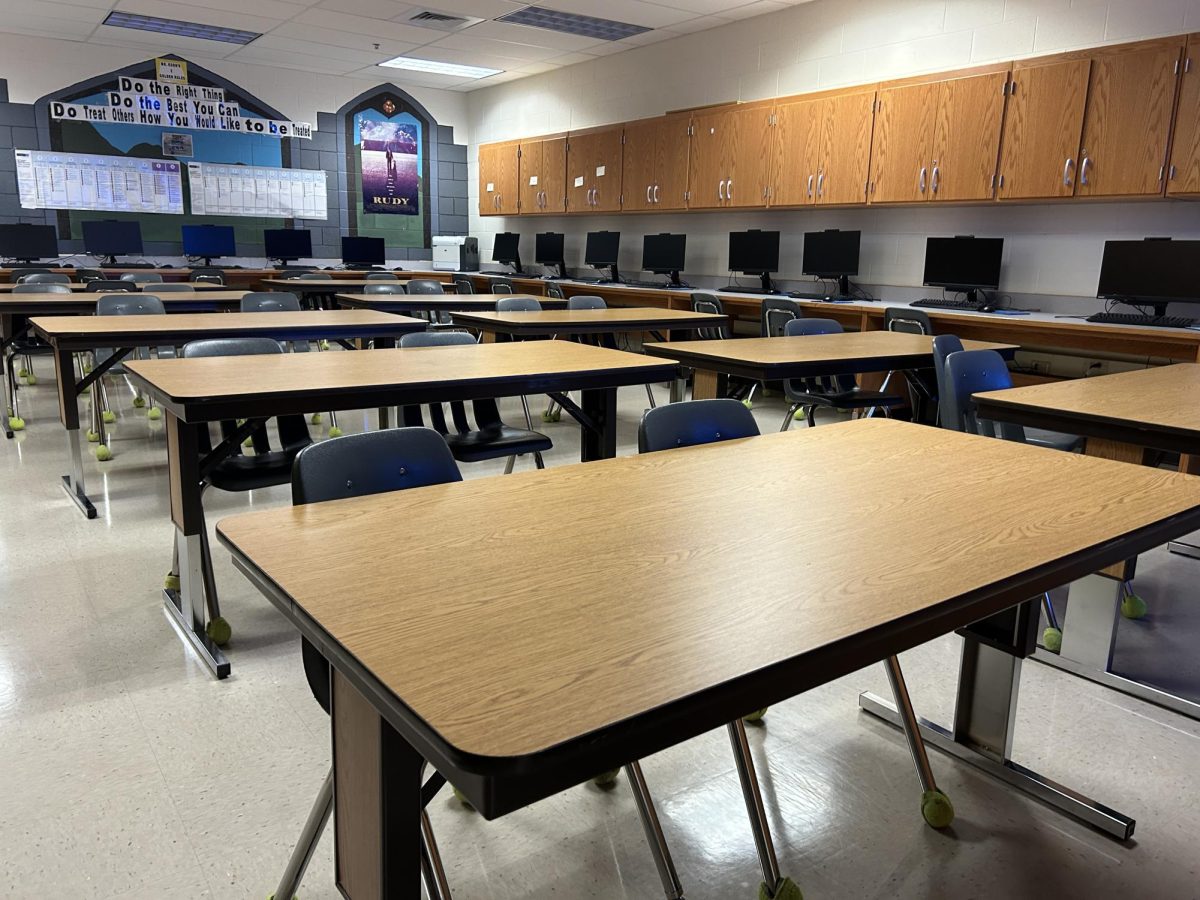 Desks set up in preparation for final exams and midterms. Photo provided by John Hays.