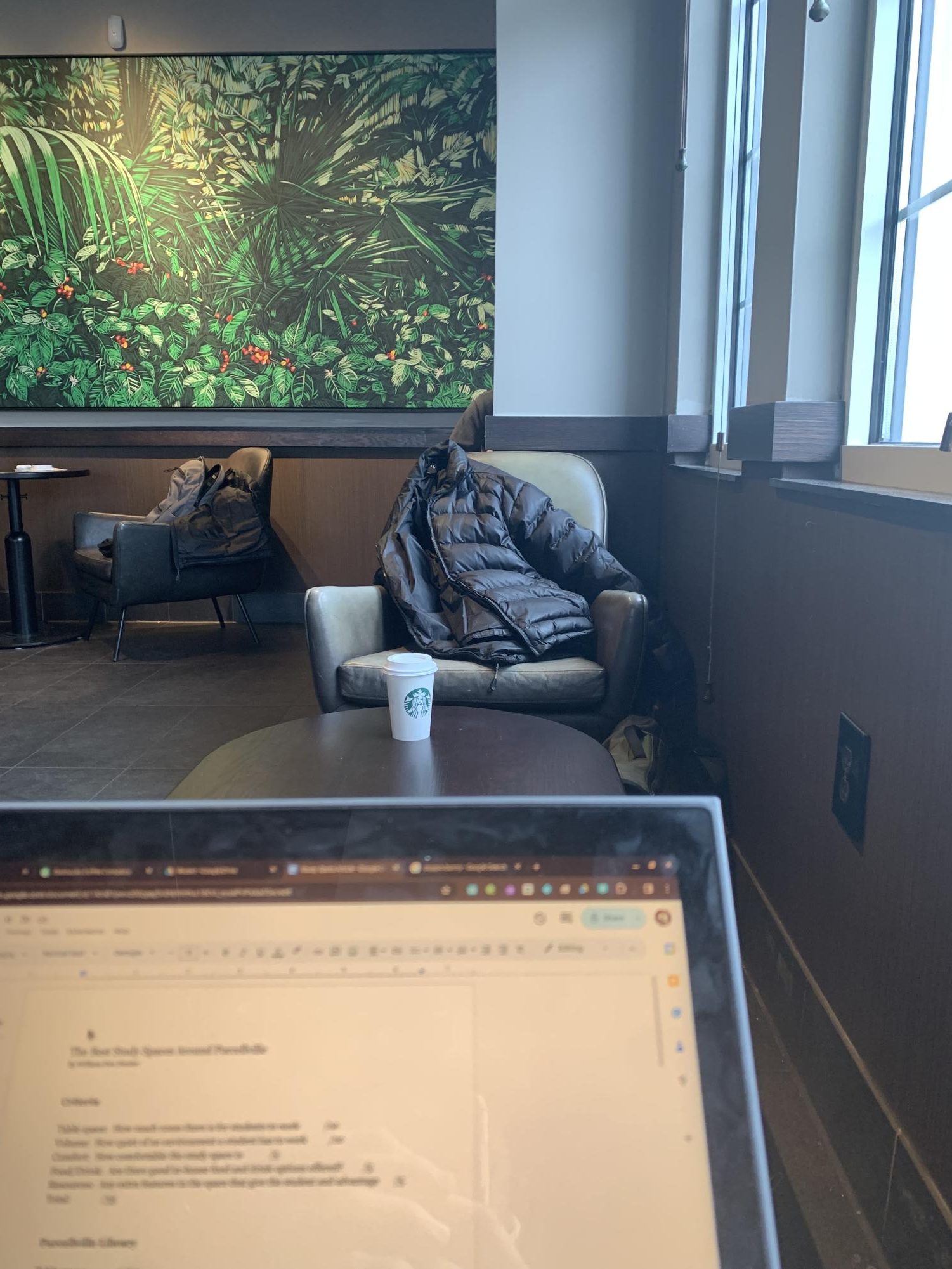  A first person view of William Den Herder writing his review of Starbucks as a study spot while at Starbucks. Photo provided by William Den Herder.