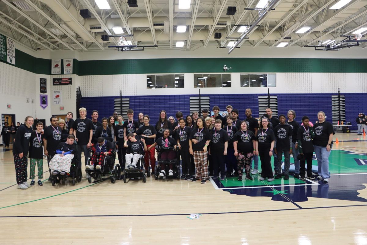 Woodgroves Intensive Program, Multiple Disabilities Program, Autism Program, and Intellectual Disabilities Program join together for the Adapted PE Field Day in December, 2023.  Photo provided by Kelsey Wilson. 