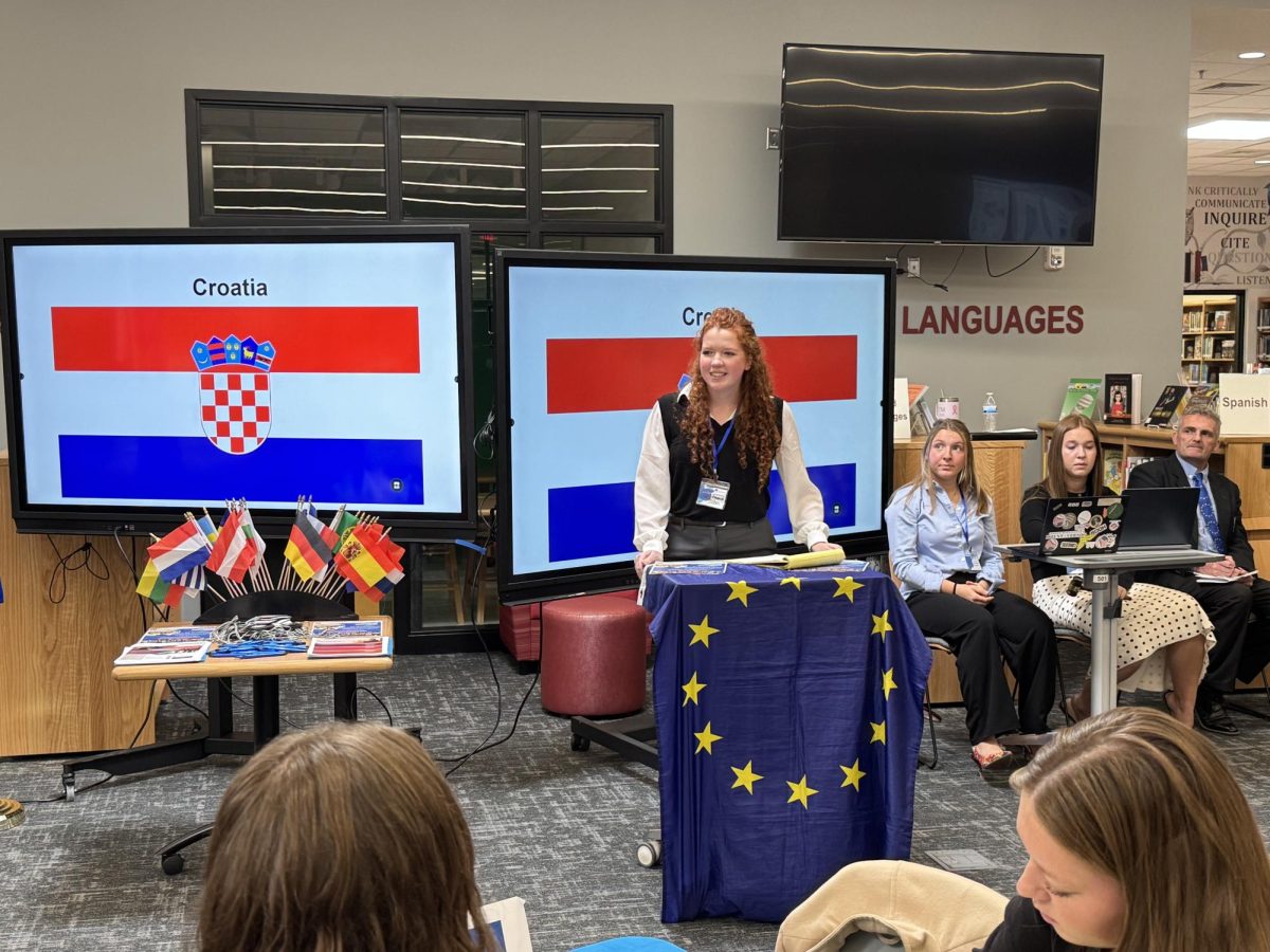 Senior Amanda Dickson presents a speech on Croatia for the Model EU in Dominion High School, located in Sterling, VA. Photo provided by Mr. Talboo.
