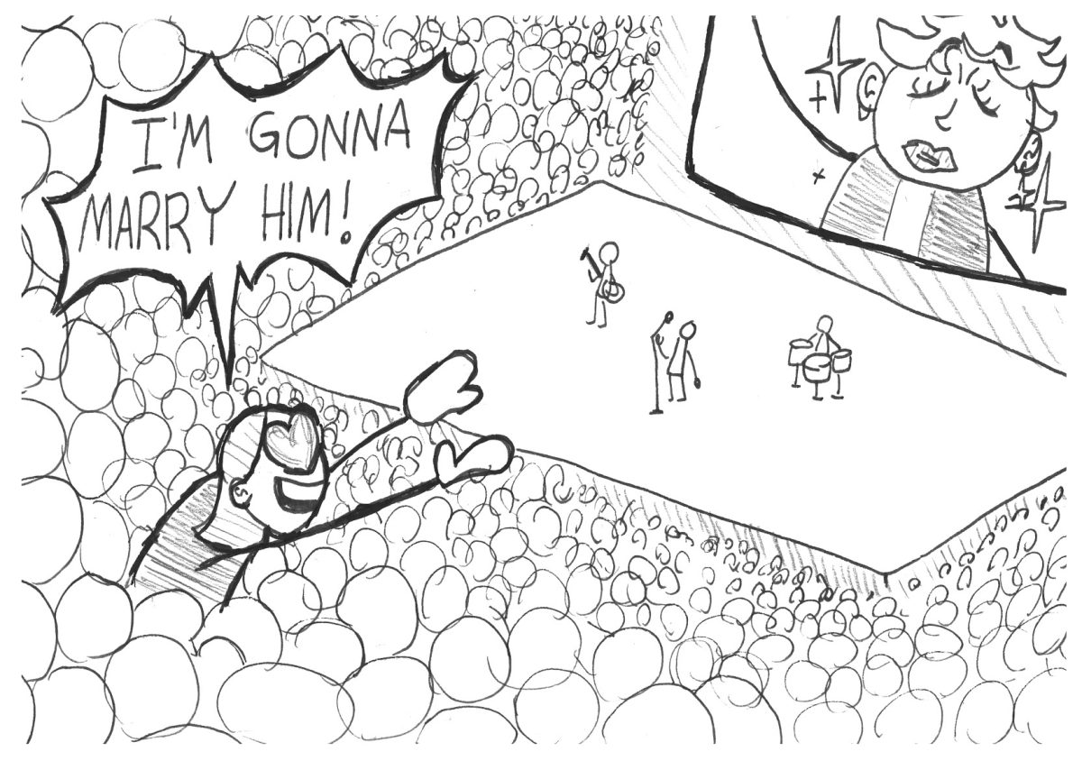 Comic depicting super-fangirl at her "future husband's" concert. Drawn by Maddi Rovang.