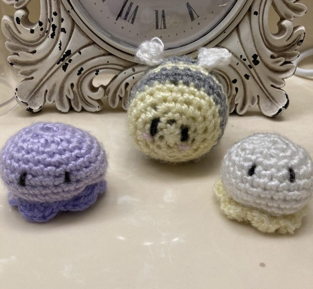 A bee, Elia Pauktys’ first real crochet project after finishing a blanket her mom started in college. Photo provided by Elia Paukstys.