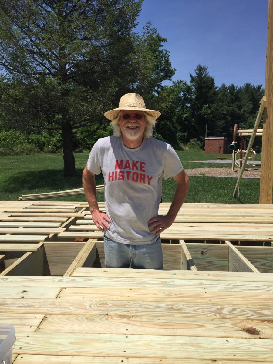 Mayor Vance building the outdoor stage in Hillsboro that hosts festivals and events. Photo provided by Roger Vance.