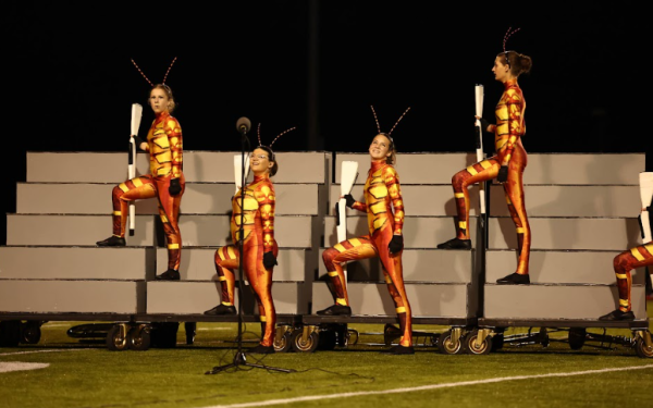 Group of Color Guard team members performing at Woodgrove High School on the field during halftime. Photo provided by Legacy Studios