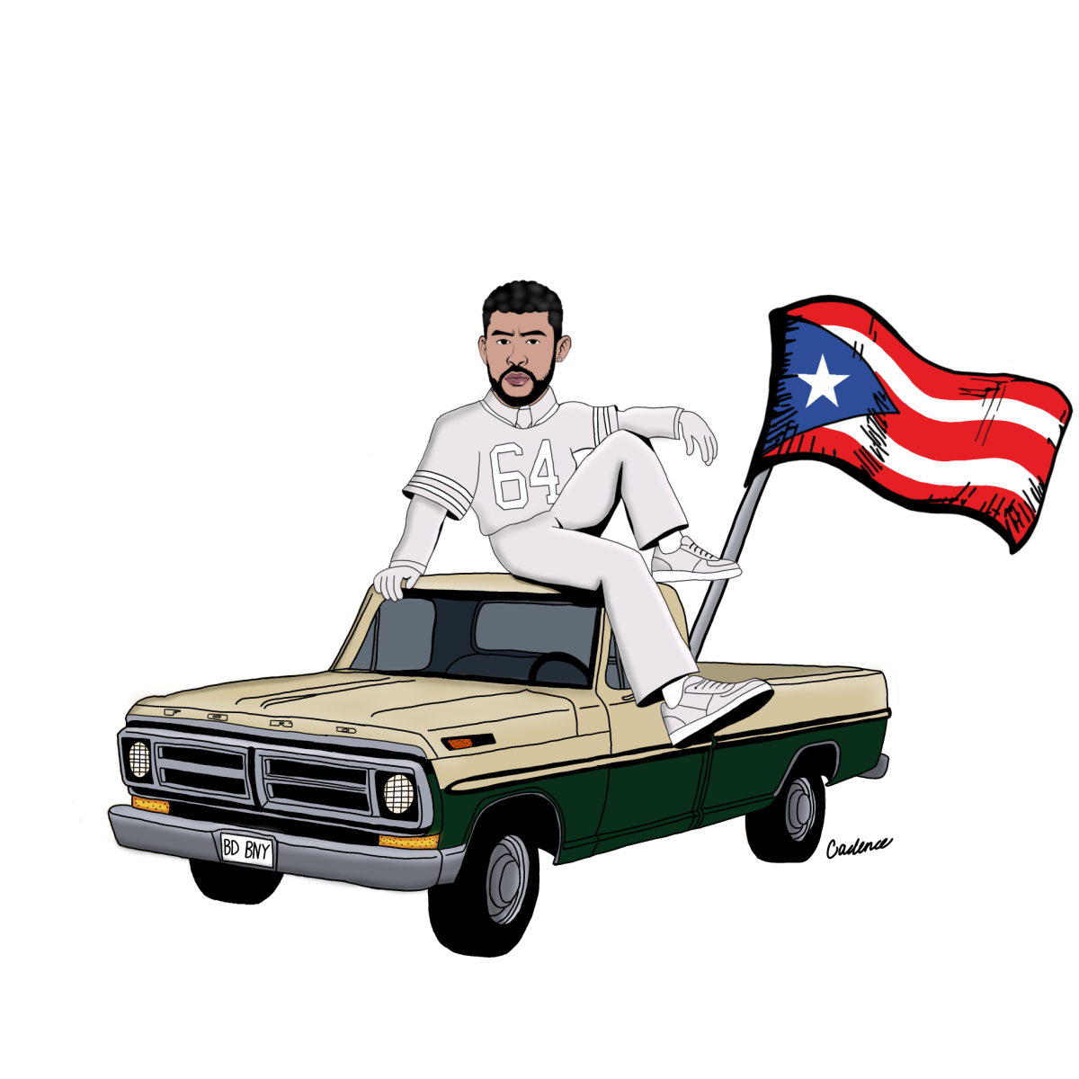 Image depicting Bad Bunny sitting atop a vintage Ford pickup, a prop used during his performance. Photo drawn by Cadence Carter.