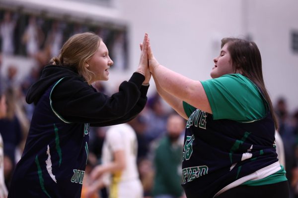 Teammates of Woodgrove’s Unified Basketball Team celebrate a point. Photo provided by Plaid Sheep Creative.